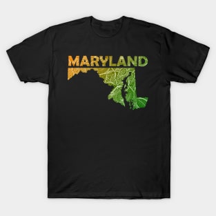 Colorful mandala art map of Maryland with text in green and orange T-Shirt